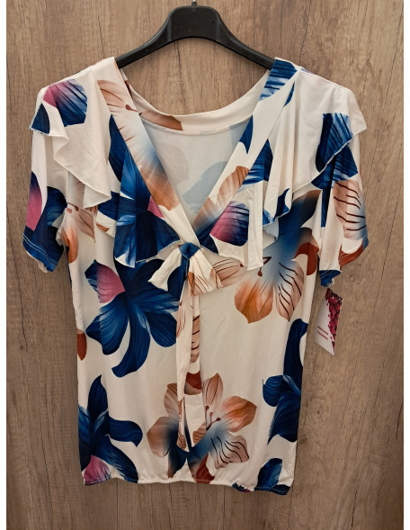 Fodros-masnis nyakú fehér alapon kék virágos felső