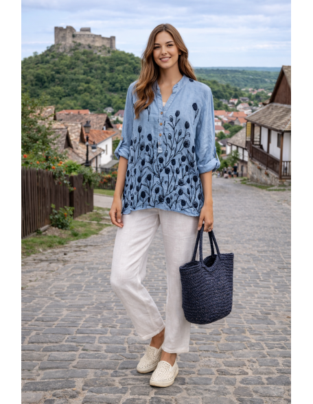Kék virágos lenvászon ing