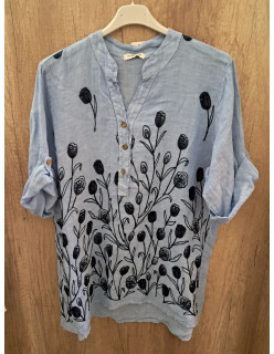 Kék virágos lenvászon ing 2