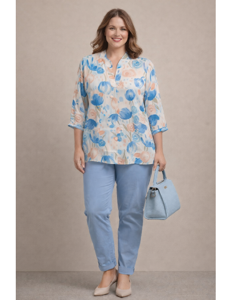 Tunika kék-drapp virágos Plus size